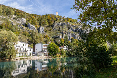 Scenic view at  essing  on  altmuehl river on a sunny day in autumn with blue sky and white clouds