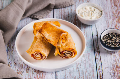 High angle view of food in plate on table