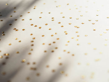 Full frame shot of golden stars confetti on beige background with shadows 