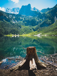 Scenic view of lake by mountains against sky