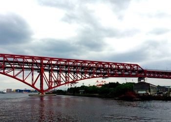 Bridge over river against cloudy sky