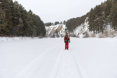 Rear view of man skiing on snow covered landscape