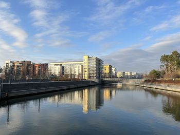Reflection of buildings in river against sky