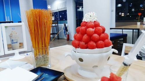 Close-up of strawberries on table in restaurant