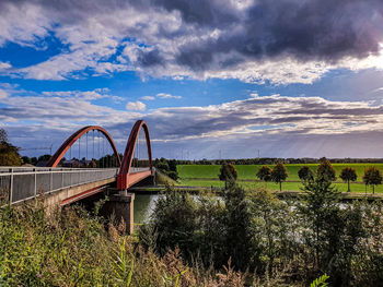 Bridge over field against sky