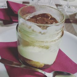 High angle view of ice cream in glass on table