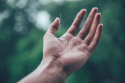 Cropped hand of person at park during rainfall