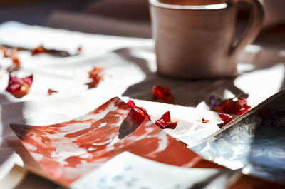 High angle view of drink on table