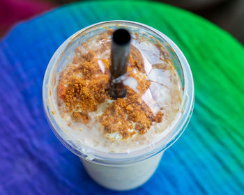 High angle view of breakfast in glass on table