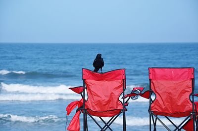 Rear view of umbrella on beach against clear sky