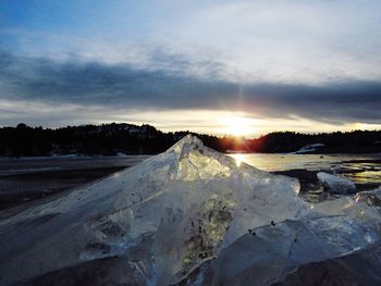 Scenic view of snow landscape against sky during sunset