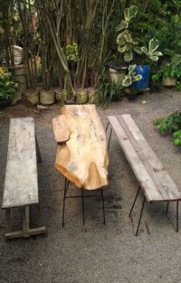 High angle view of chair on table in forest