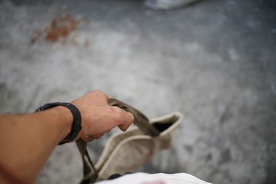 High angle view of person holding shopping bag over land