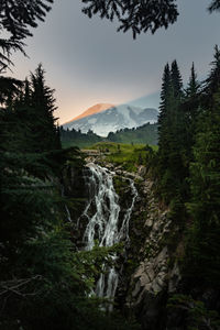 Scenic view of waterfall against sky during sunset