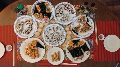 High angle view of food served on table