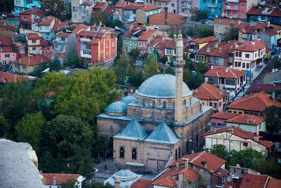 High angle view of buildings in city