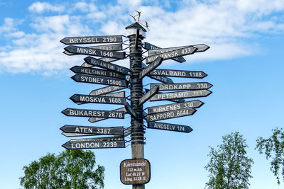 Low angle view of information sign against sky