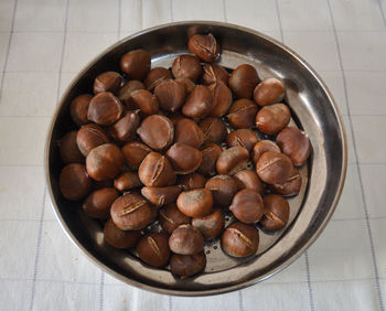 High angle view of eggs in bowl on table