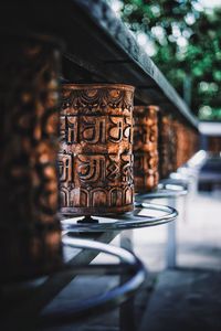 Close-up of text on building outside temple