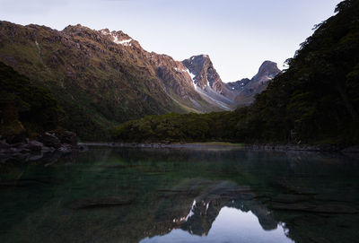 Scenic view of lake and mountains against sky