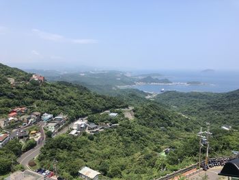 High angle view of buildings against sky
