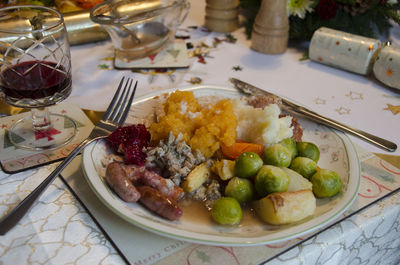 High angle view of food in plate on table