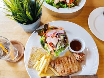 High angle view of food served on table