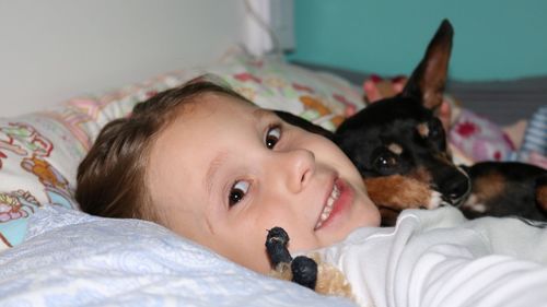 Portrait of cute dog lying on bed at home