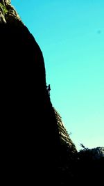 Low angle view of silhouette mountain against clear blue sky