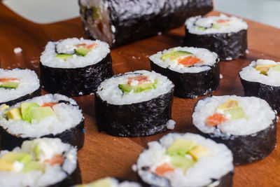 Close-up of sushi served on table