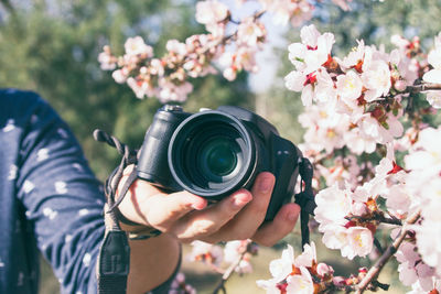 Close-up of hand holding camera by flowers
