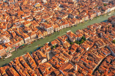 Aerial view of venice, san polo, italy. amazing city view from above on building roofs and canals