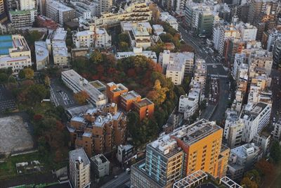 High angle view of modern buildings in city