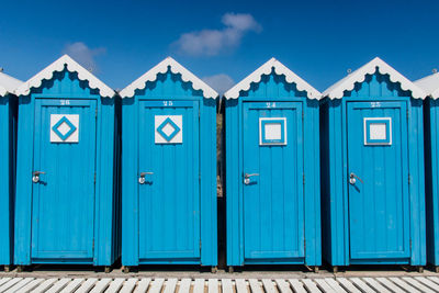 Blue beach huts in saint-gilles-croix-de-vie on the côte de lumière, in the vendée department