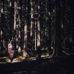 Rear view of man walking in forest