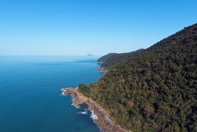 Scenic view of sea against clear blue sky