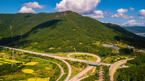 High angle view of mountain road against sky