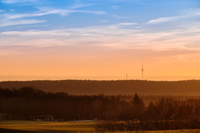 Silhouette trees on field against sky during sunset