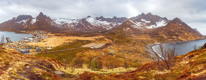 Scenic view of snowcapped mountains against sky