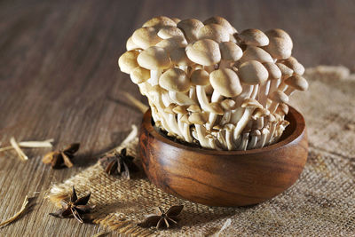 High angle view of mushrooms on table