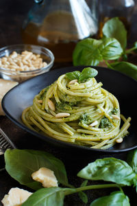 Close-up of food served on table