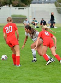 Group of people playing soccer on field