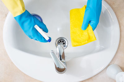 High angle view of faucet in bathroom