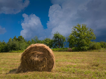 Hay bales on field against sky