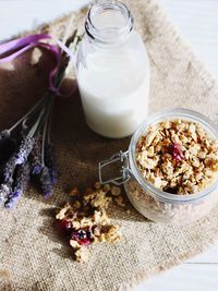 High angle view of breakfast on table