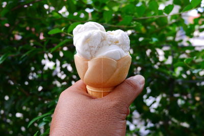 Close-up of hand holding ice cream cone