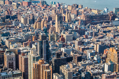 High angle view of modern buildings in city