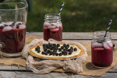 High angle view of drink in glass jar on table