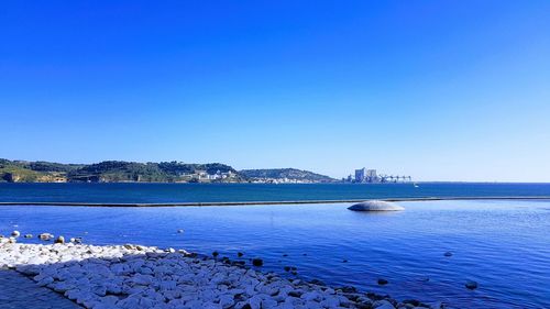 Scenic view of sea against blue sky