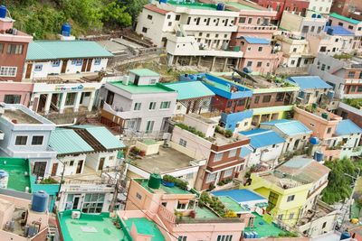 High angle view of buildings in city